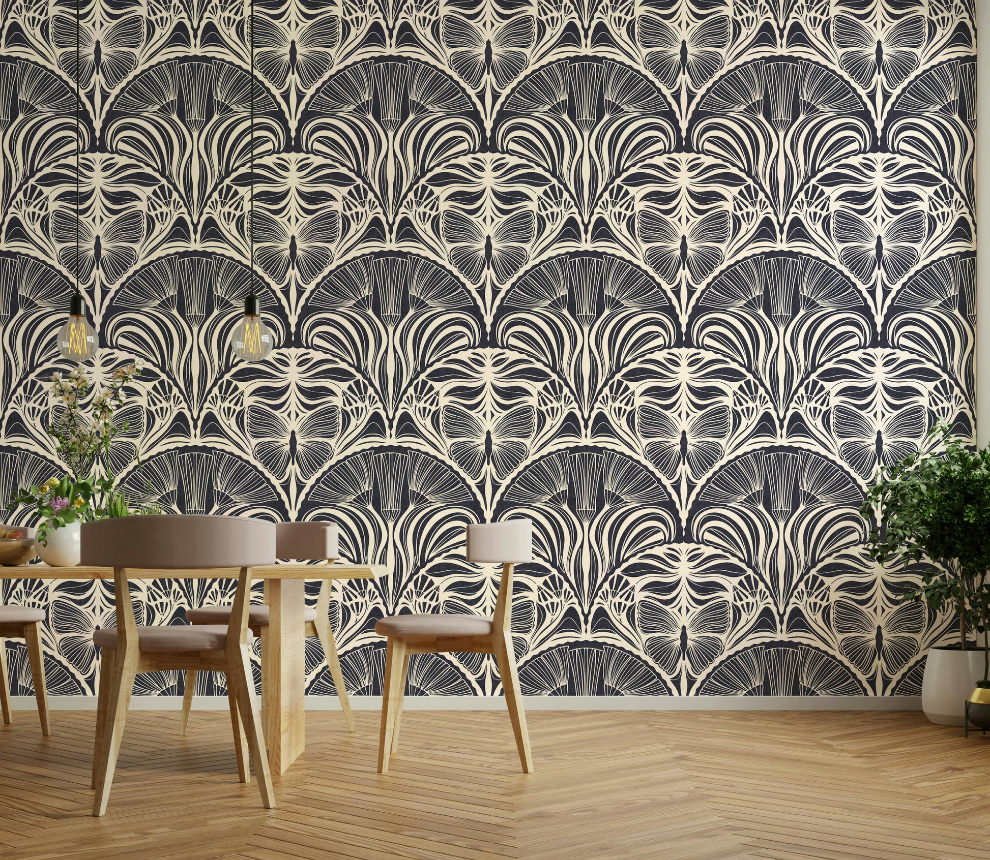 1920s inspired wallpaper in deep charcoal and gold

