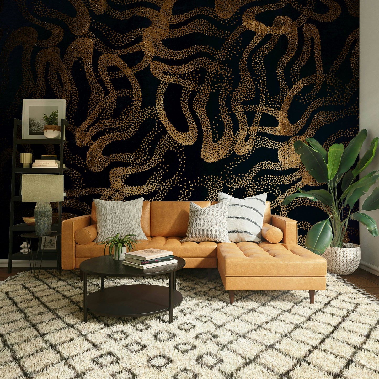 Warm, earthy tones mixed with vivid blues and greens.
