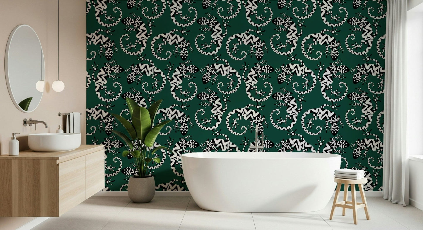 Gecko Groove wallpaper in dark green with white geckos behind a freestanding tub in a modern bathroom