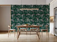 Gecko Groove wallpaper in green and white on a kitchen wall behind a wooden dining table and chairs