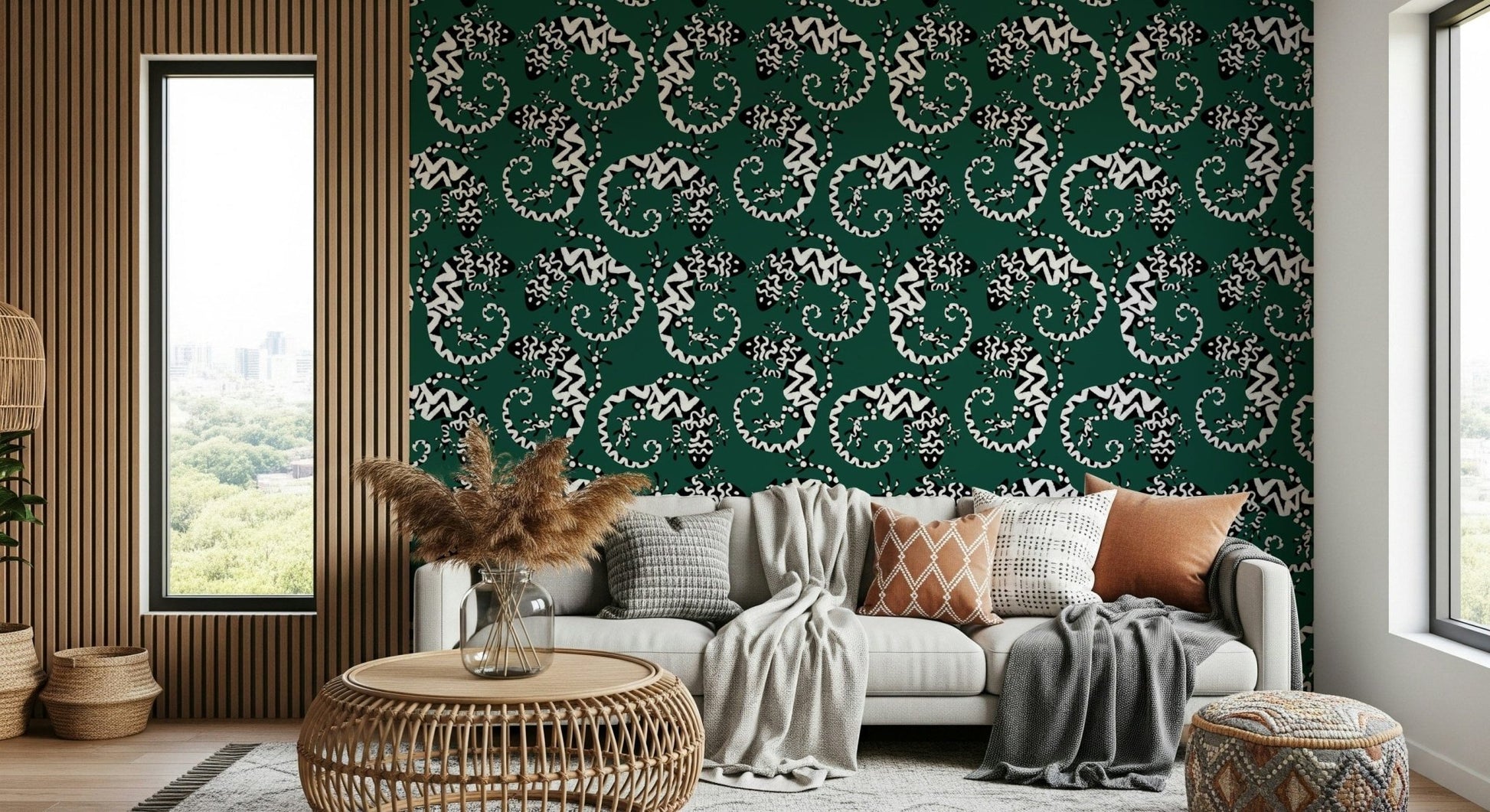 Gecko Groove wallpaper in green behind a grey sofa with throw pillows by a wood-slat wall in a living room