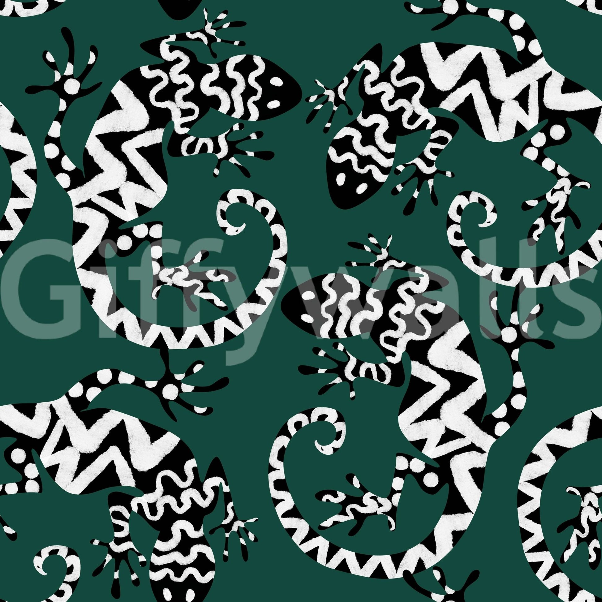 Gecko Groove wallpaper close-up showing white and black patterned geckos on a deep green background