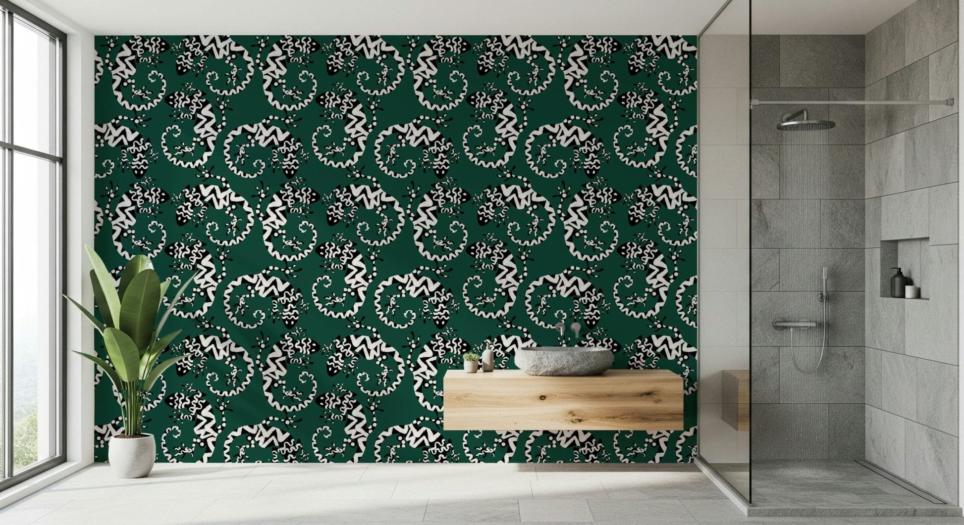 Gecko Groove wallpaper in green and white behind a wood vanity and vessel sink in a tiled bathroom