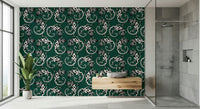 Gecko Groove wallpaper in green and white behind a wood vanity and vessel sink in a tiled bathroom