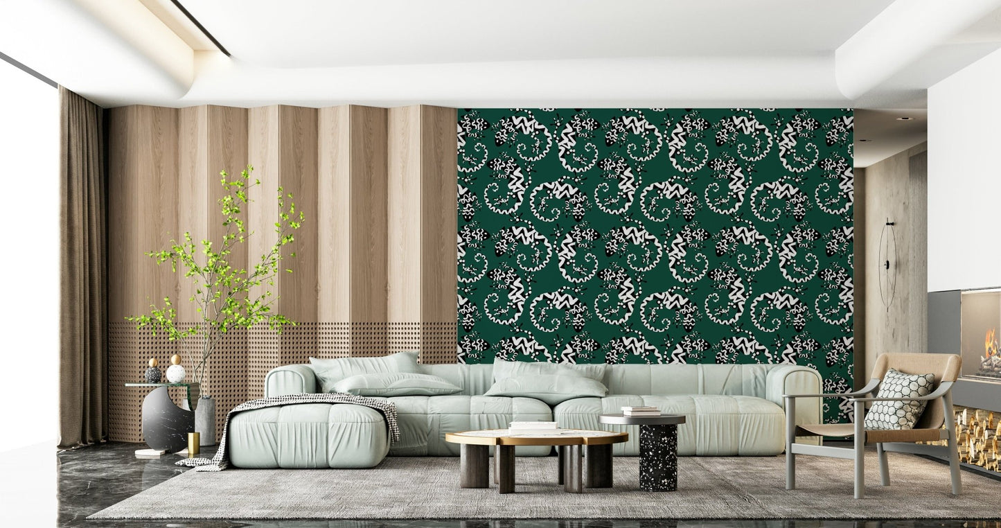 Gecko Groove wallpaper in green with white lizards behind a sage sectional sofa in a wood-panel living room