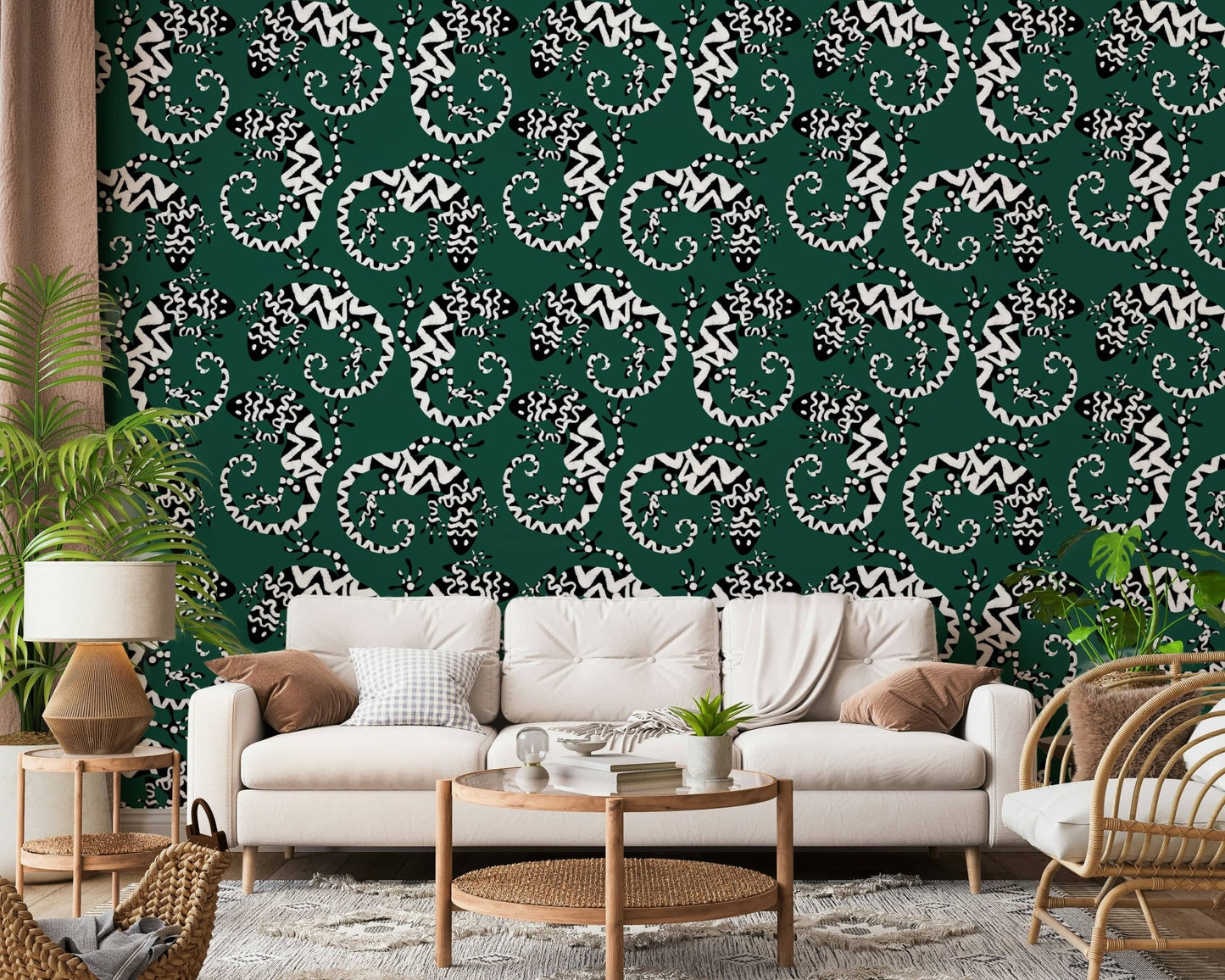 Gecko Groove wallpaper in green and white behind a cream sofa and rattan chair in a cozy living room