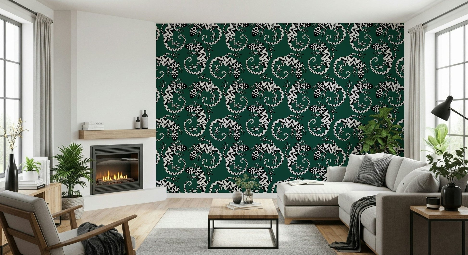 Gecko Groove wallpaper in dark green behind a grey sectional sofa by a fireplace in a bright living room