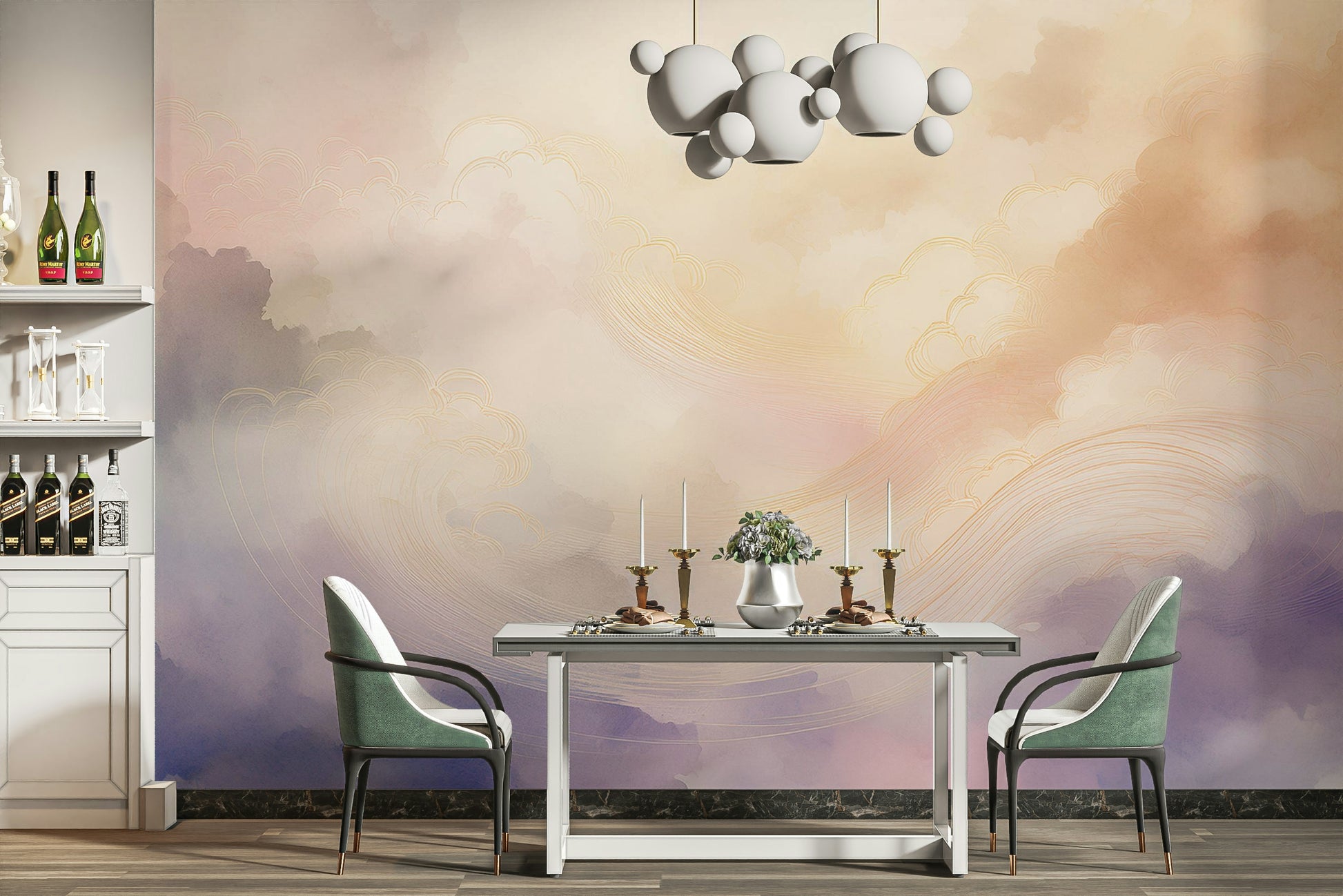 Soft watercolor clouds wall decor for a modern master suite.