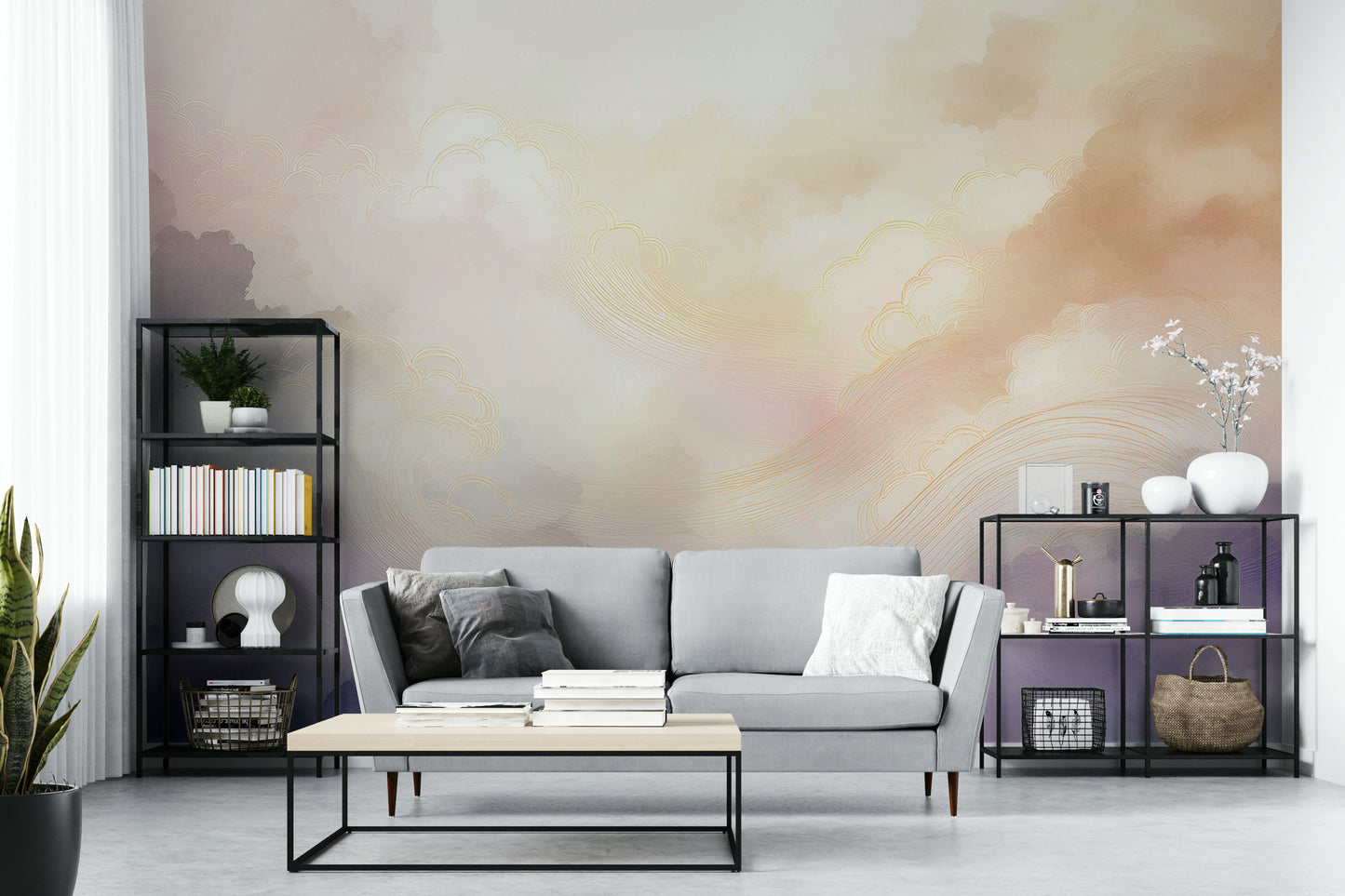 Close-up of the ethereal color blending in a sky-themed wall mural.