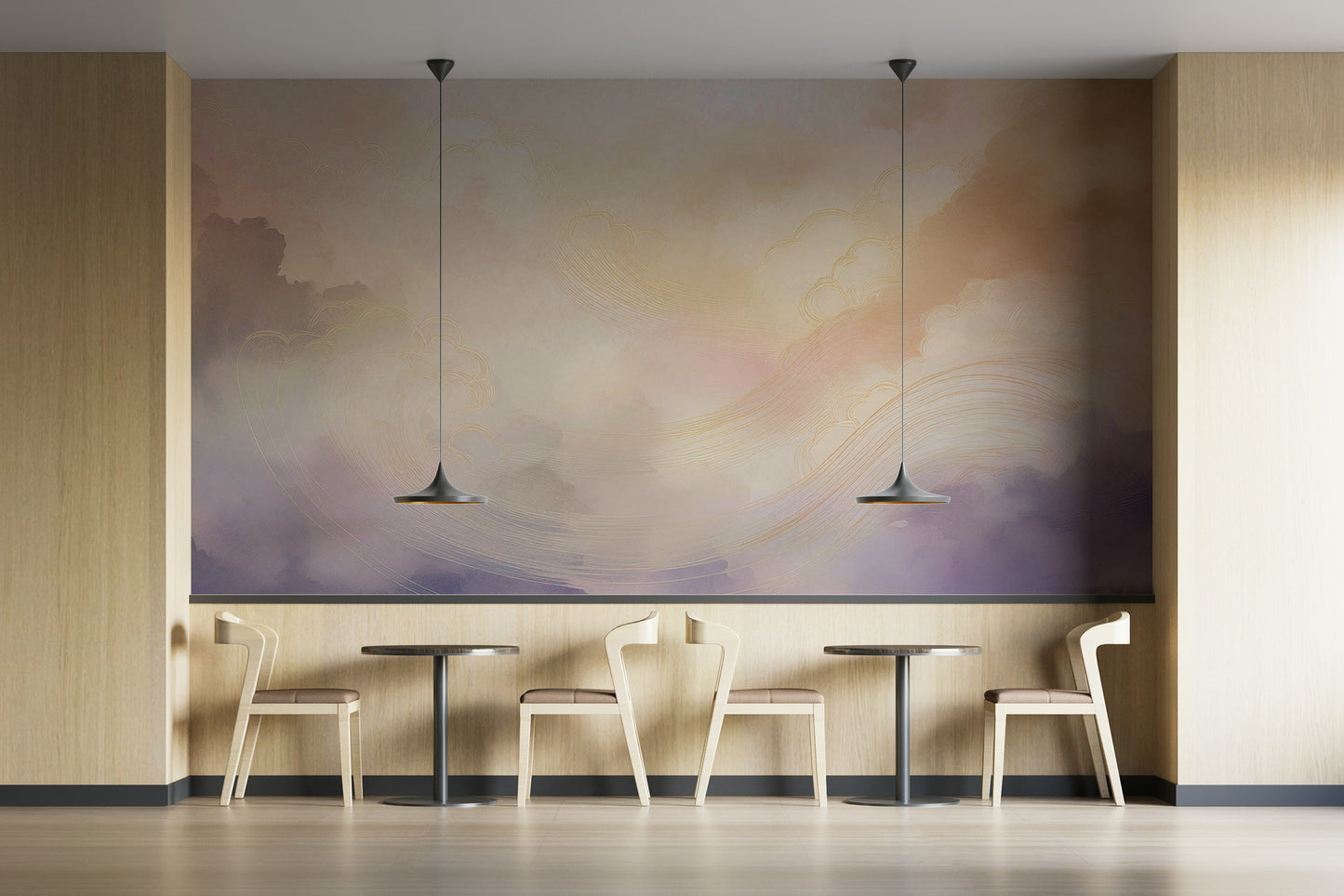 Serene apartment wall decor featuring a realistic soft sky design.