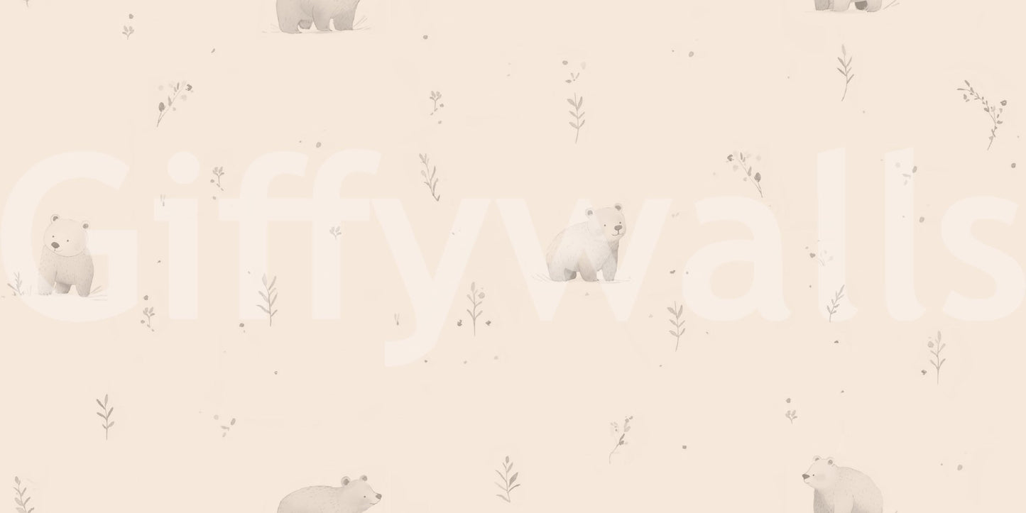 Gentle bear meadow wallpaper in soft beige with tiny meadow sprigs