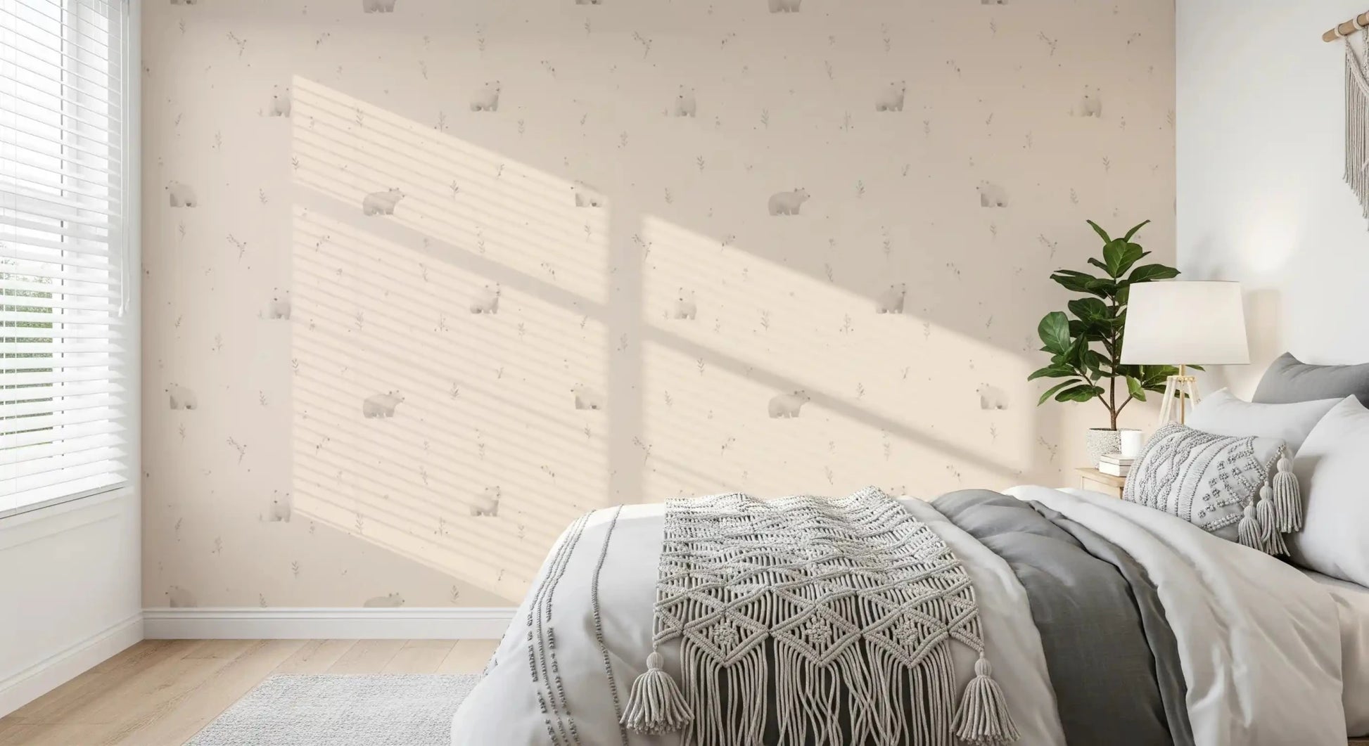 Bedroom with soft bear meadow wallpaper in warm neutral shades