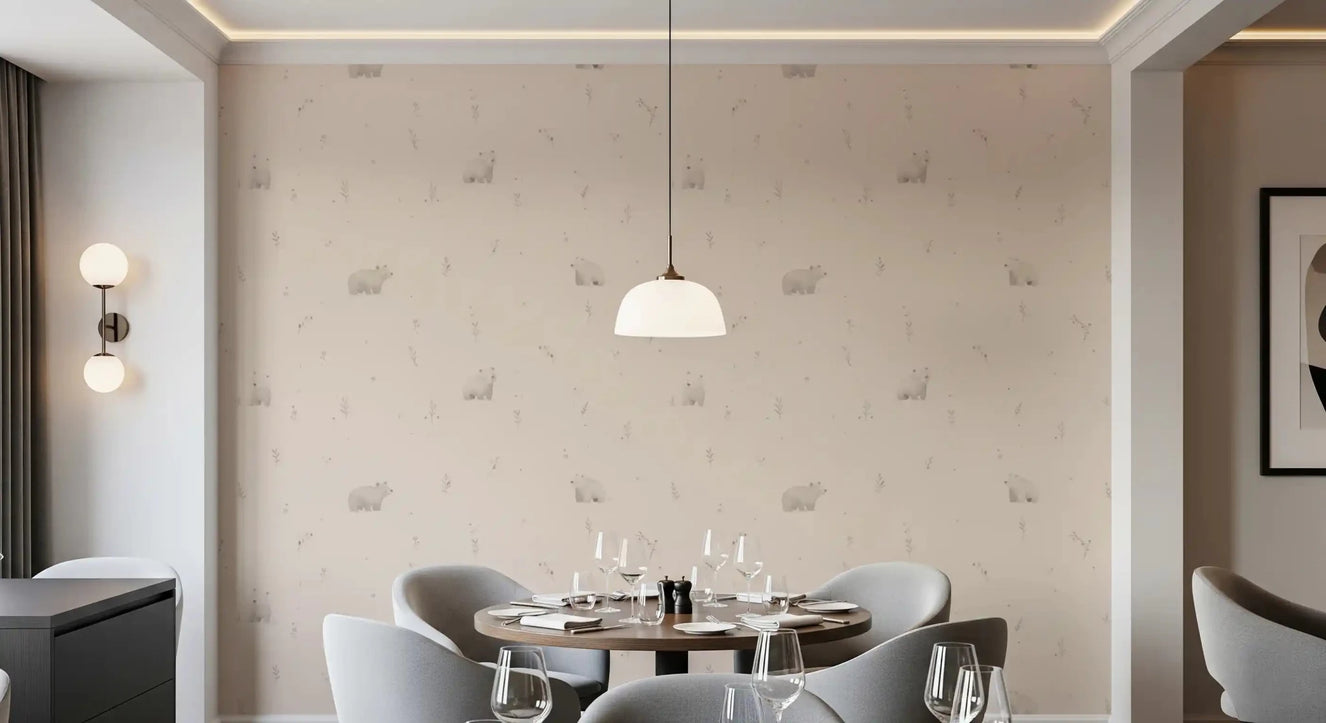 Dining room with gentle bear meadow wallpaper in soft beige and calm woodland tones