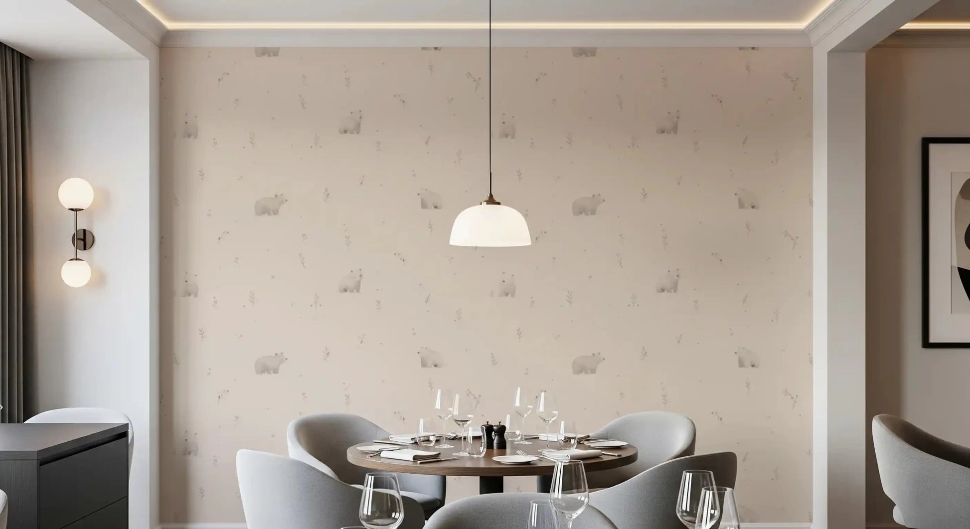 Dining room with gentle bear meadow wallpaper in soft beige and calm woodland tones