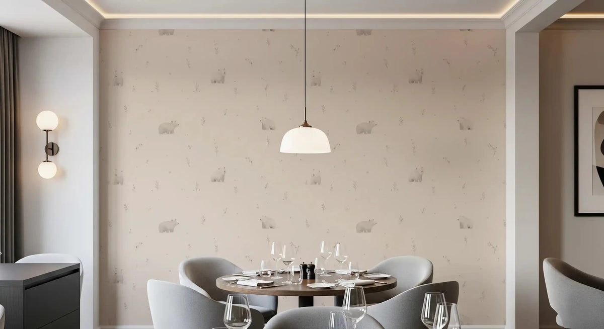 Dining room with gentle bear meadow wallpaper in soft beige and calm woodland tones