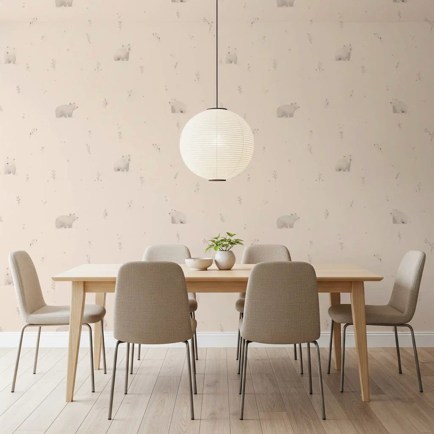 Dining room featuring bear meadow wallpaper in soft neutral woodland shades