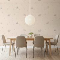 Dining room featuring bear meadow wallpaper in soft neutral woodland shades