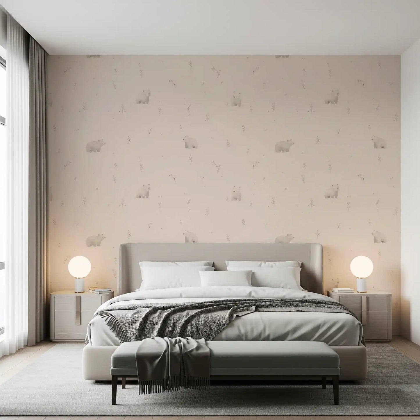 Bedroom with gentle bear wallpaper and tiny meadow stems in muted beige
