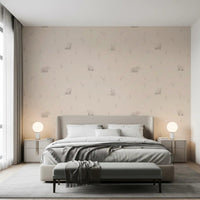 Bedroom with gentle bear wallpaper and tiny meadow stems in muted beige