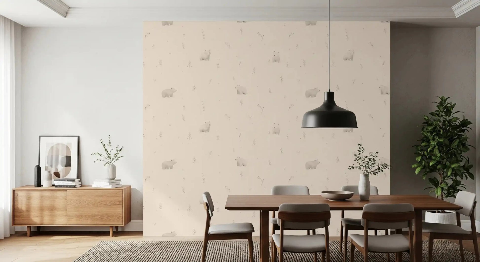Dining room with neutral bear meadow wallpaper in a light and airy woodland look