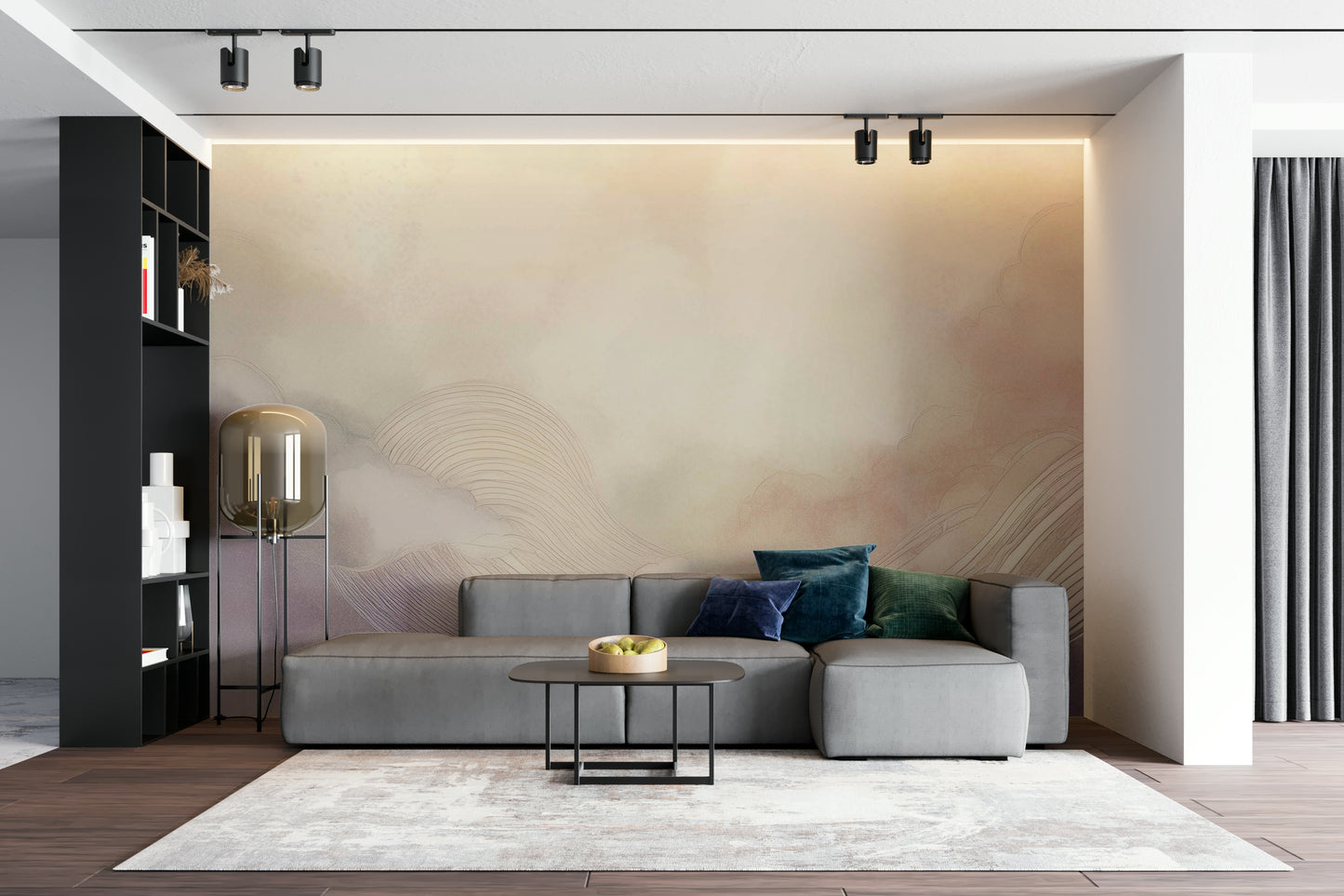Ethereal cloud wallpaper in a bright apartment living space with natural light.