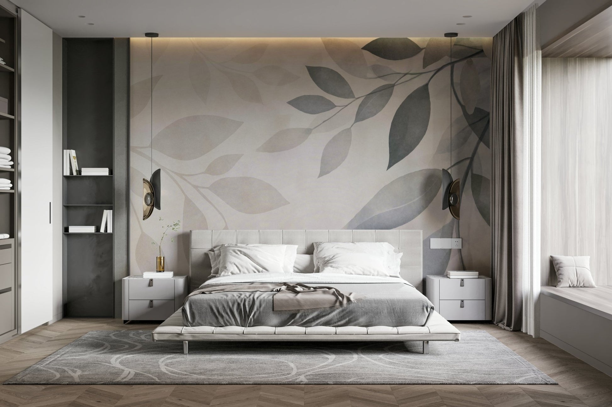 Light foliage mural wallpaper for bedrooms

