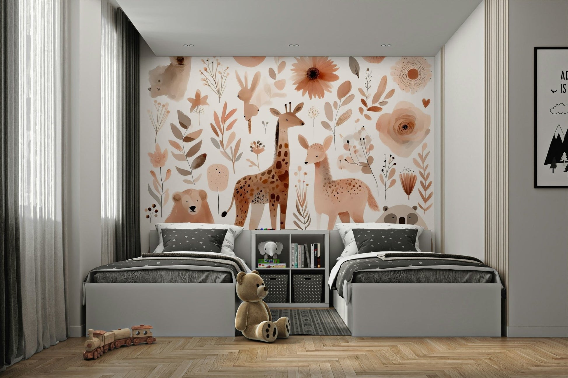 Soothing wild animal design for bedrooms or nurseries in mural.

