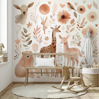 Soft woodland creatures like deer and rabbits in nature-inspired mural.

