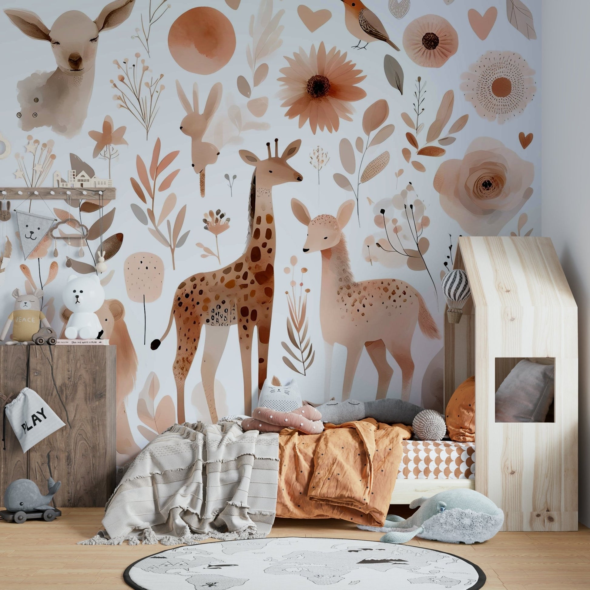 Tranquil nature scene with wild animals in Gentle Wild Haven mural.

