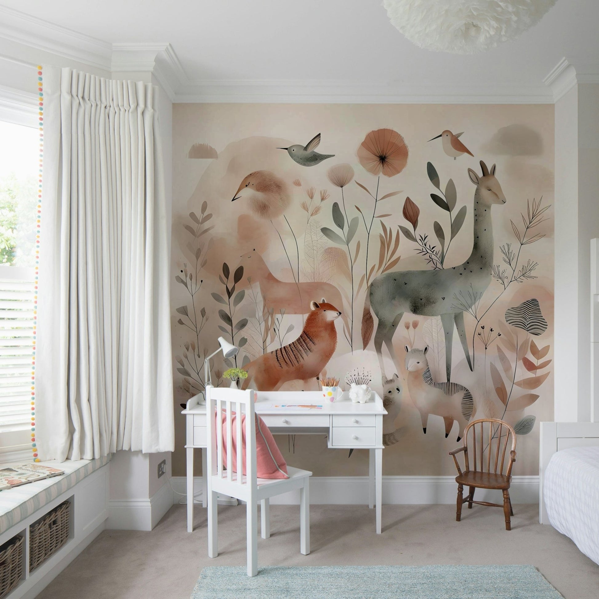 Gentle woodland animals in soft colors on mural wallpaper.

