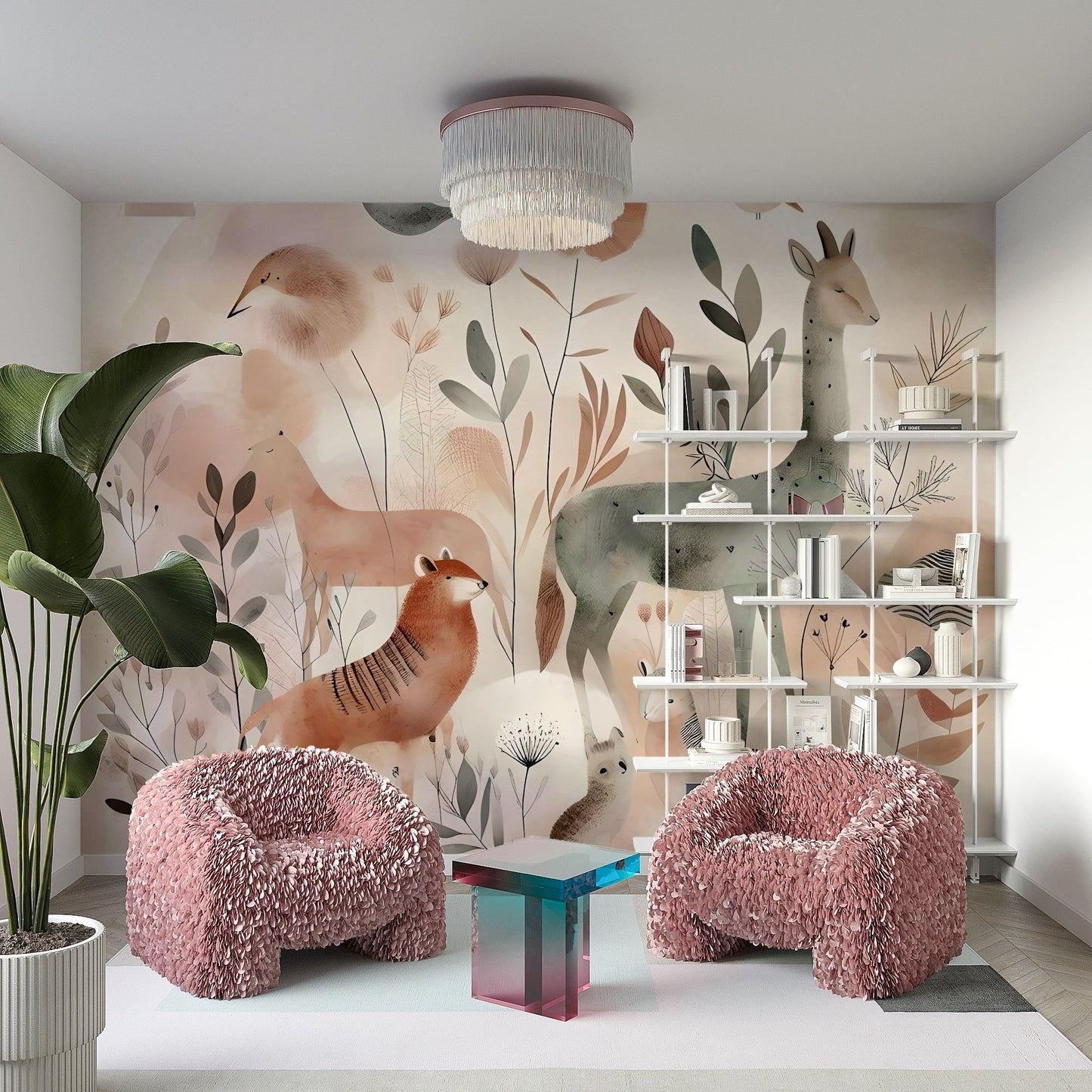 Tranquil woodland safari mural creating a calm atmosphere.

