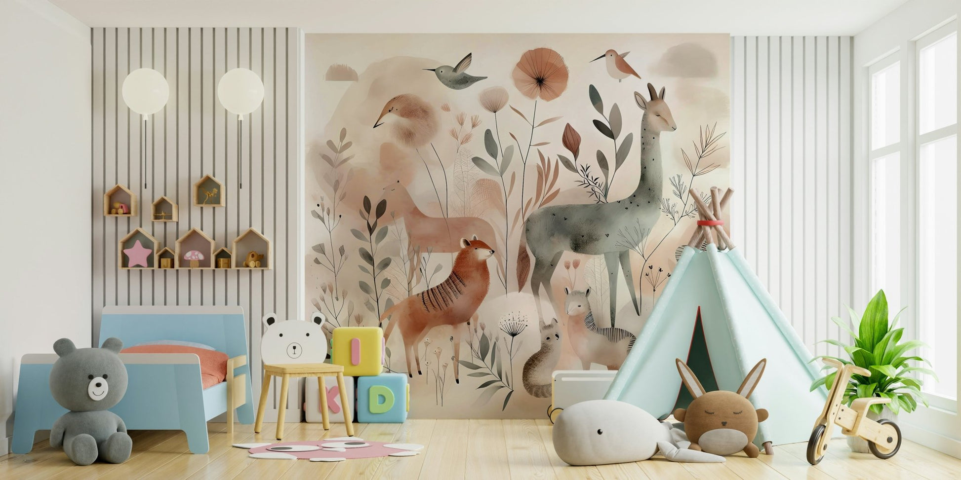 Calm and soothing woodland animals in Gentle Woodland Safari mural.

