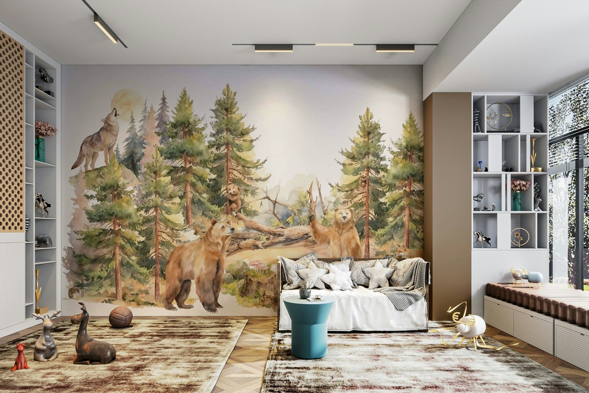 Wallpaper with a mix of peaceful greens, browns, and grays.

