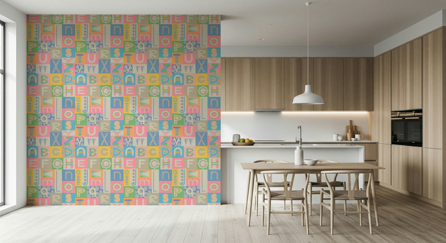 Pastel Colors Alphabet Graphic blocks striking wholesome vivid letter forms.