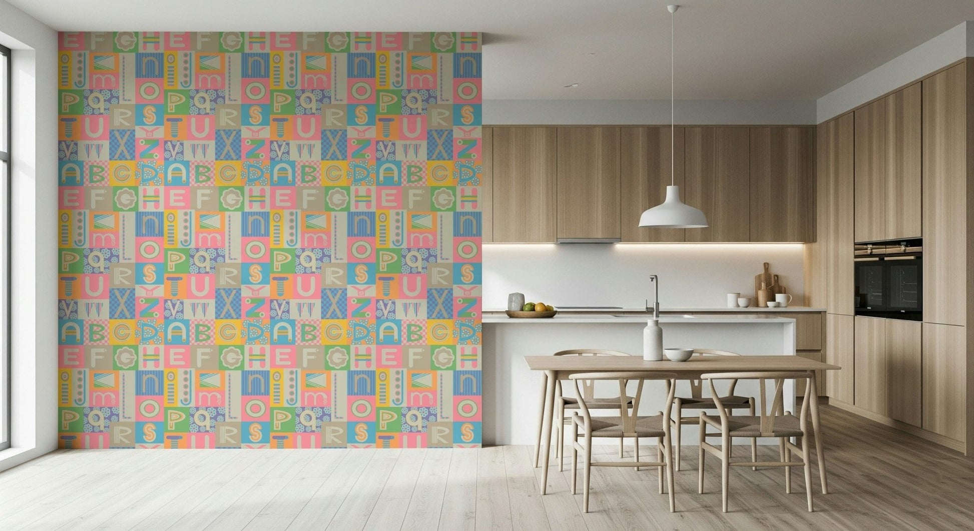 Pastel Colors Alphabet Graphic blocks striking wholesome vivid letter forms.