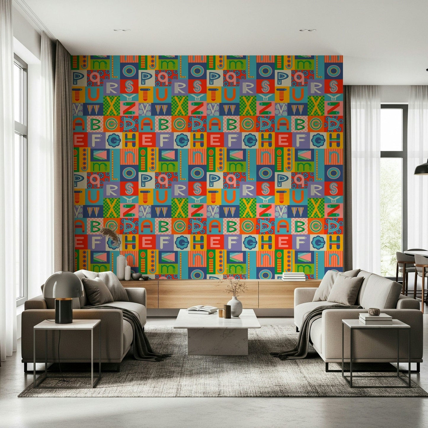 Bold Geometric ABCs artwork squares circles stripes flowers.