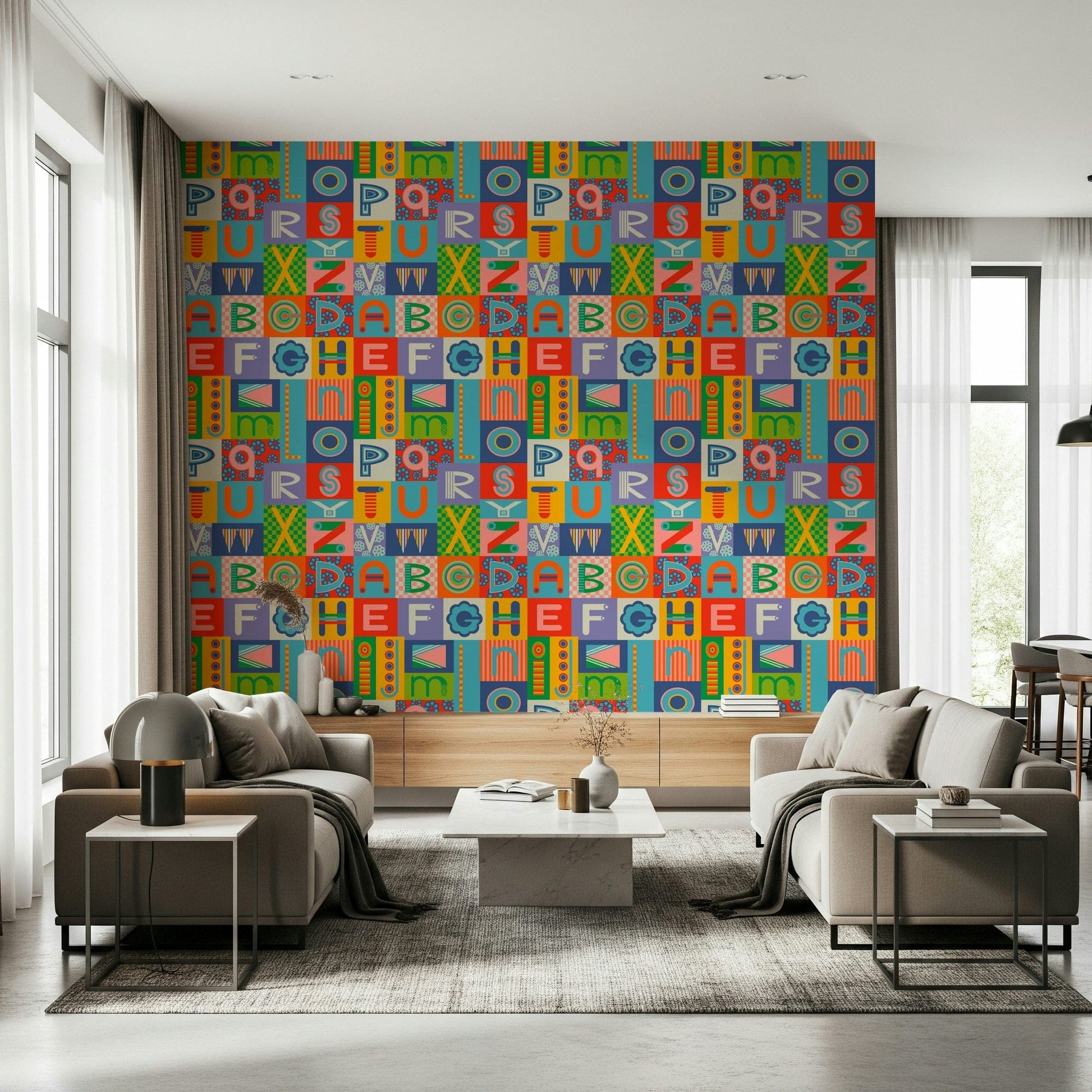 Bold Geometric ABCs artwork squares circles stripes flowers.