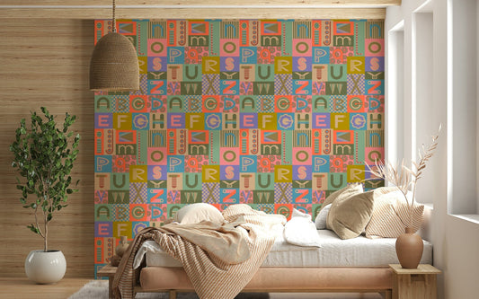 Vintage 1950s Colors Graphic Lettering wall mural playful blocks whimsical shapes.