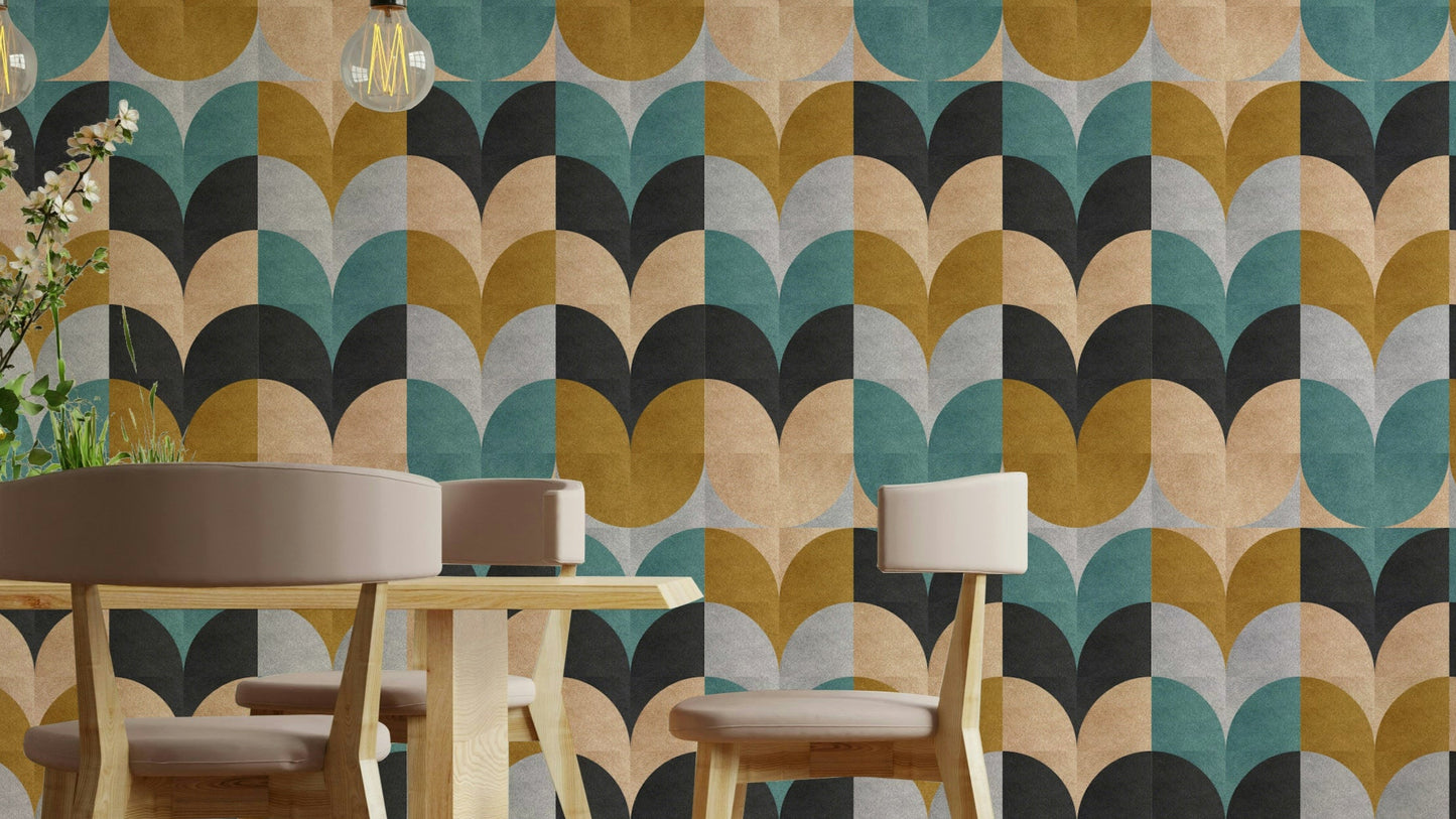 Geometric Art wallpaper with retro teal and ochre scallop blocks beside a wooden dining table and chairs
