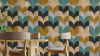 Geometric Art wallpaper with retro teal and ochre scallop blocks beside a wooden dining table and chairs