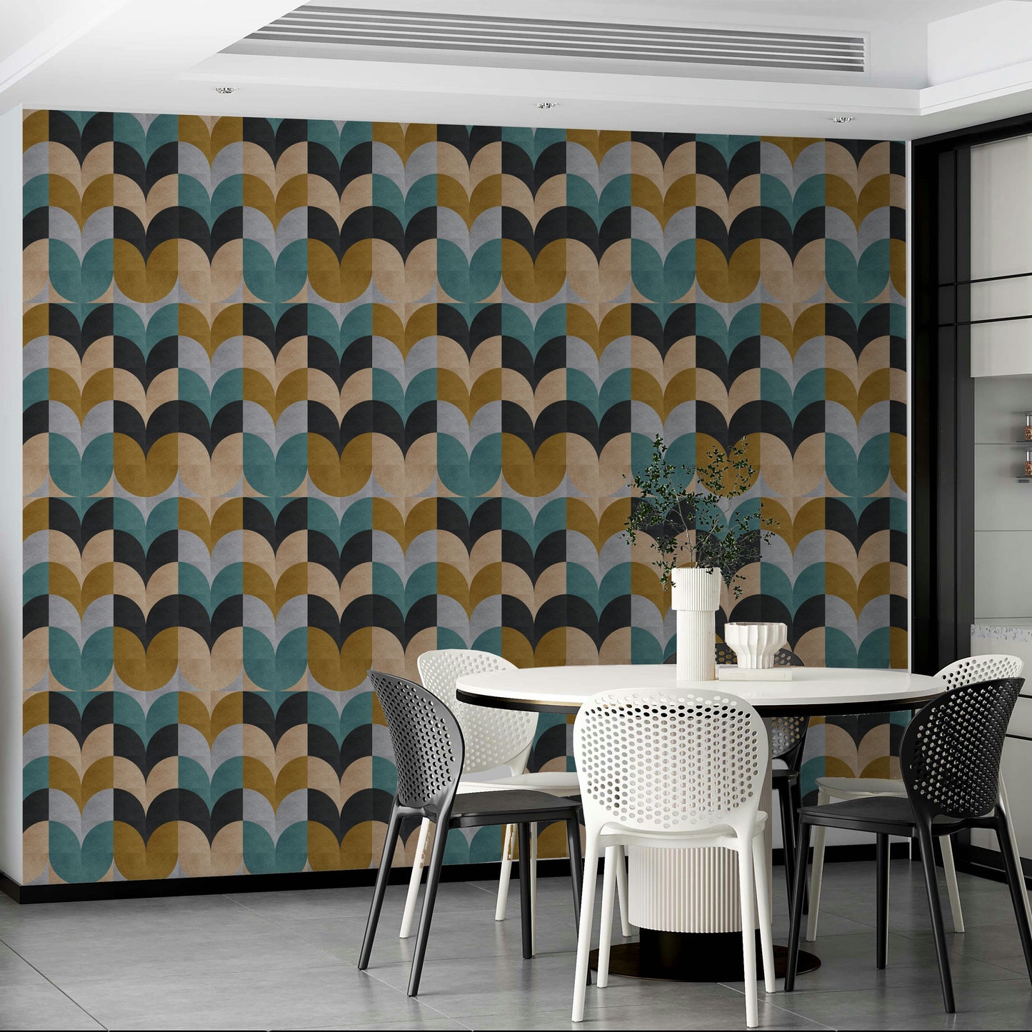Geometric Art wallpaper with retro scallop blocks beside a round white table and mesh chairs in a dining room