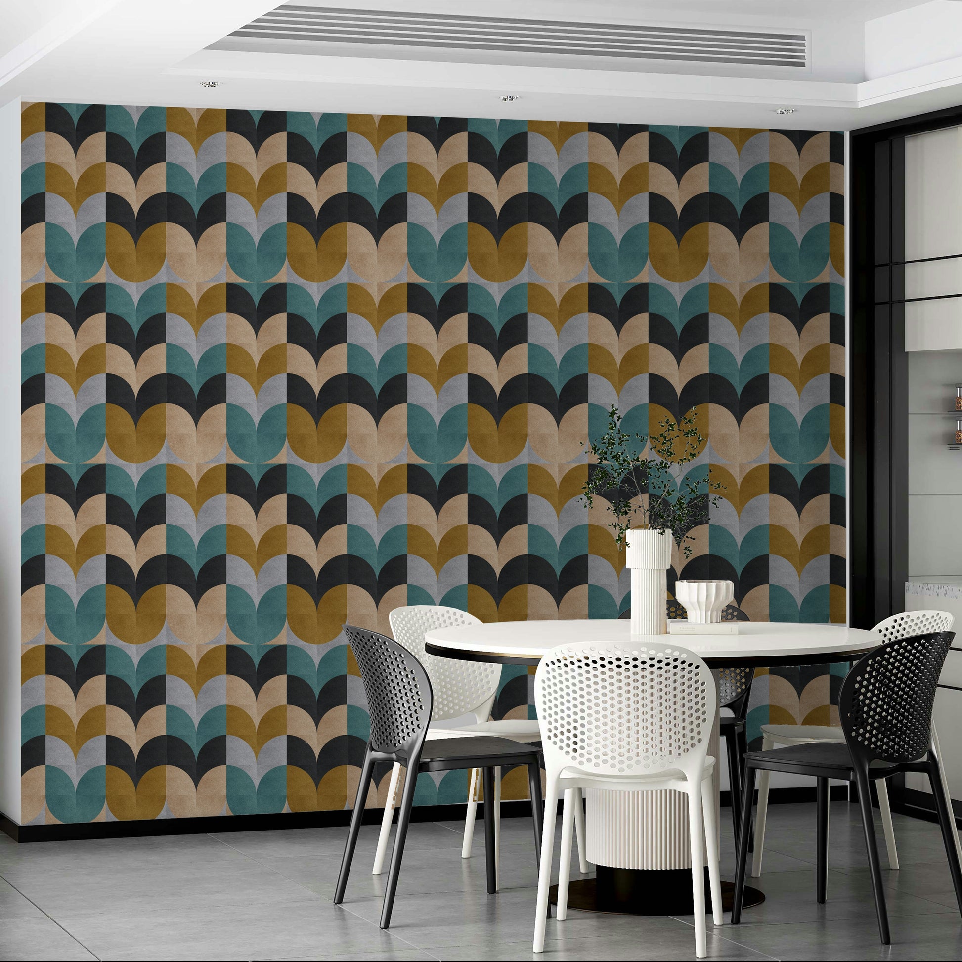 Geometric Art wallpaper with retro scallop blocks beside a round white table and mesh chairs in a dining room