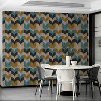 Geometric Art wallpaper with retro scallop blocks beside a round white table and mesh chairs in a dining room