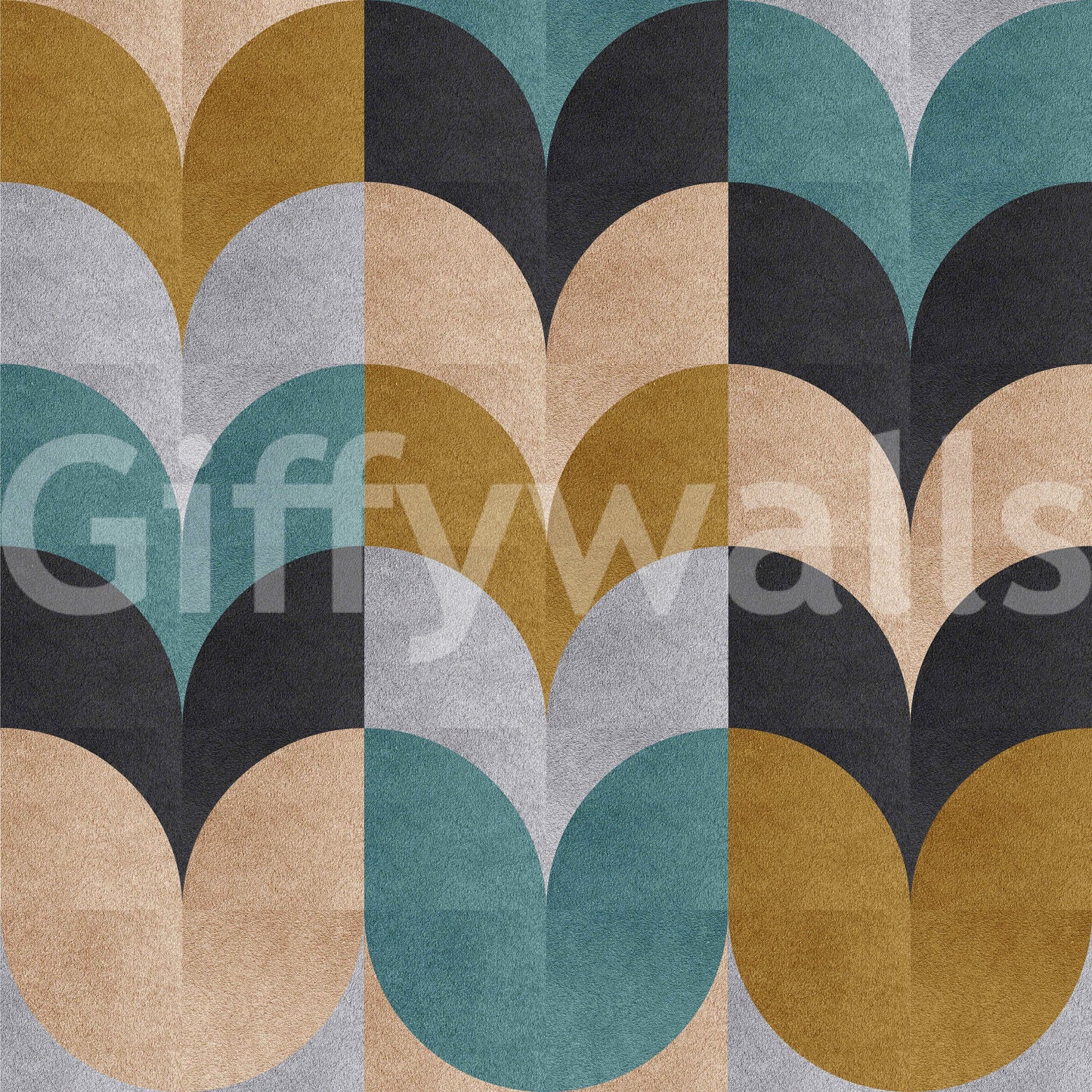 Geometric Art wallpaper close-up showing teal, mustard, charcoal and tan retro scalloped color blocks