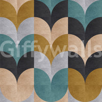 Geometric Art wallpaper close-up showing teal, mustard, charcoal and tan retro scalloped color blocks
