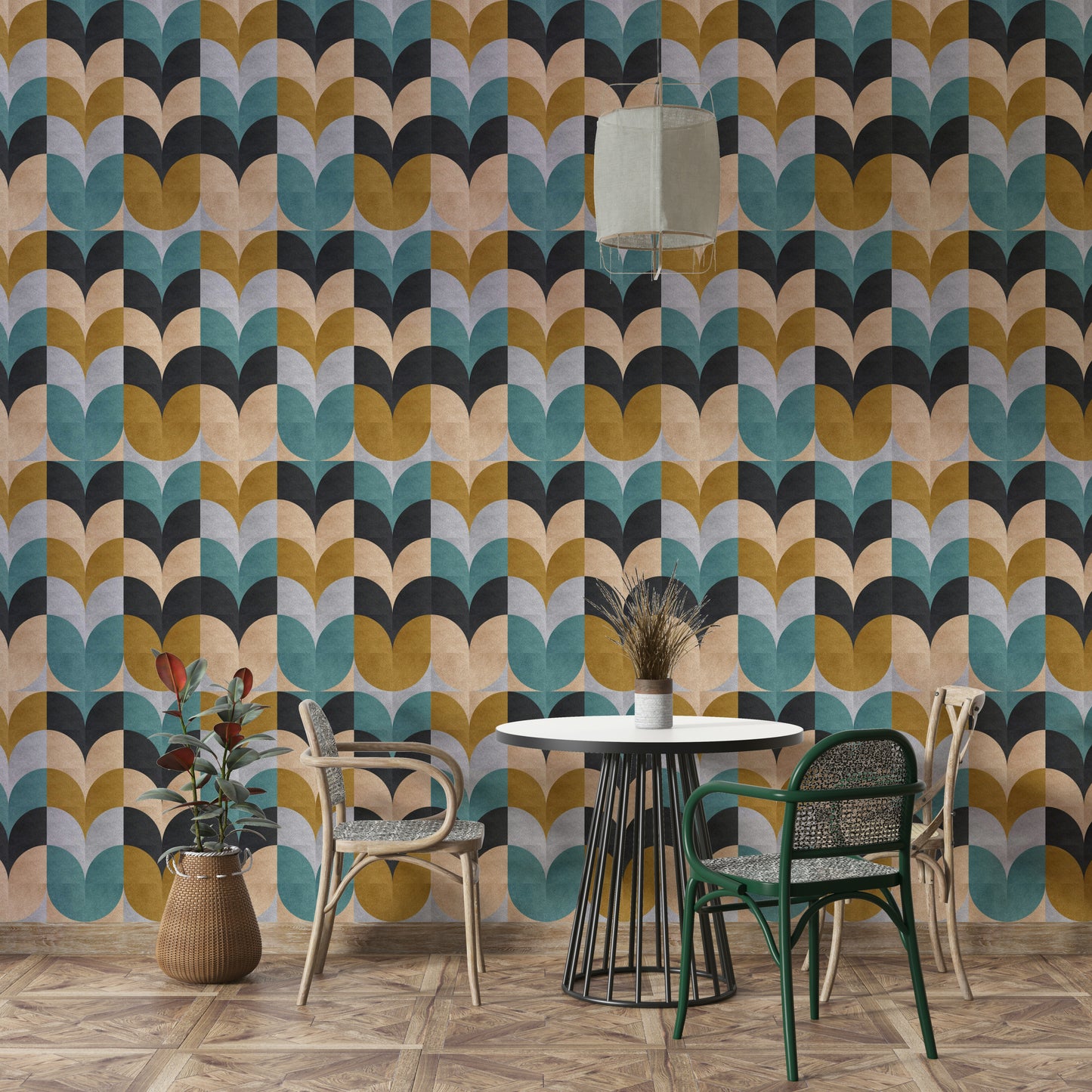 Geometric Art wallpaper of teal and mustard scallops beside a round white table and rattan chairs in a nook