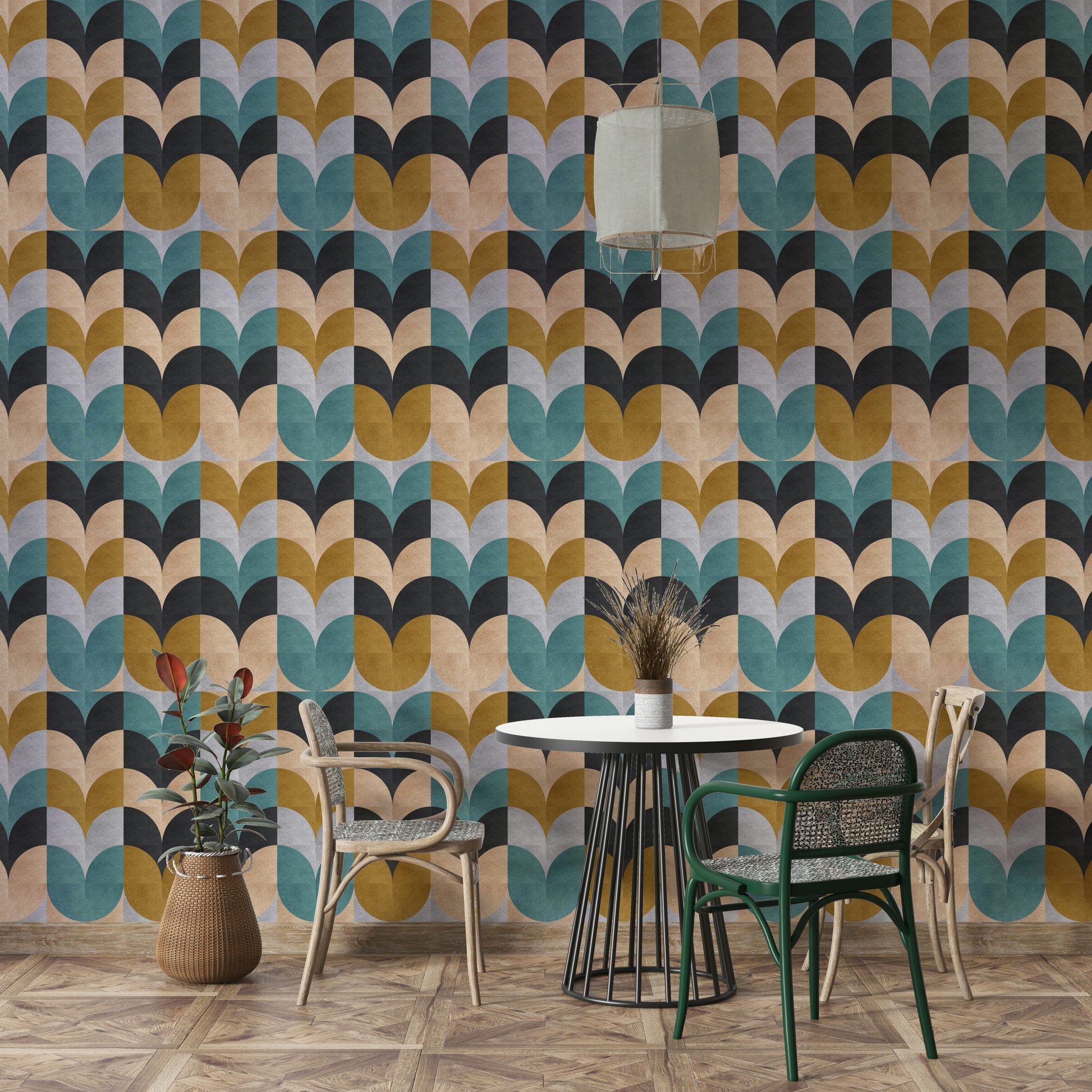 Geometric Art wallpaper of teal and mustard scallops beside a round white table and rattan chairs in a nook
