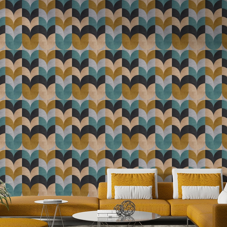 Geometric Art wallpaper with retro color blocks above a mustard yellow sectional in a bright living room
