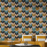 Geometric Art wallpaper with retro color blocks above a mustard yellow sectional in a bright living room