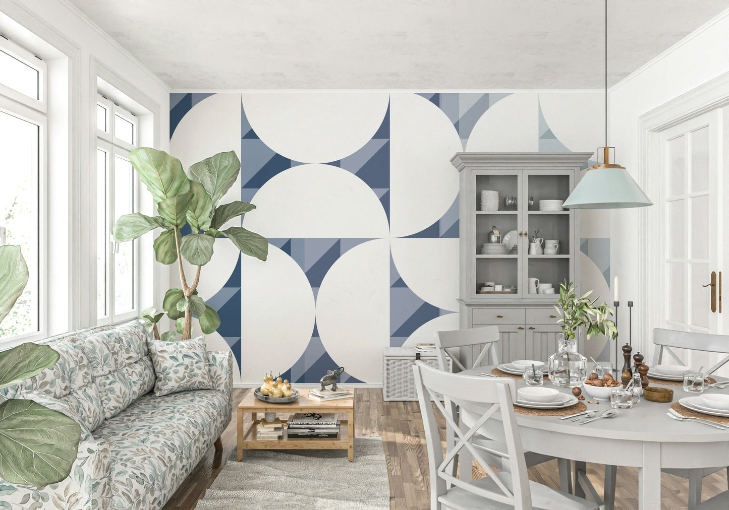 A beautiful blue geometric wallpaper mural for a modern home.